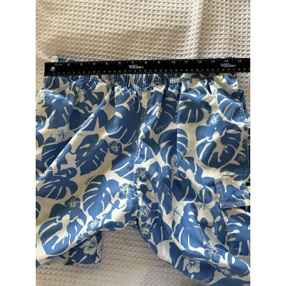 Tommy Hilfiger Mens Medium Blue White Tropical Hula Girl Print Swim Short Trunks